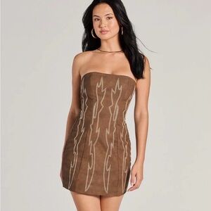 Brown faux leather cowgirl Strapless Dress with White Accents